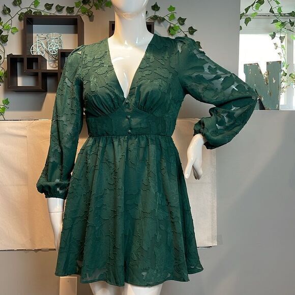 Cupshe Emerald Lace Mini Dress Long Sleeve Floral Print A Line Dress L RefCPS079 - Picture 6 of 13